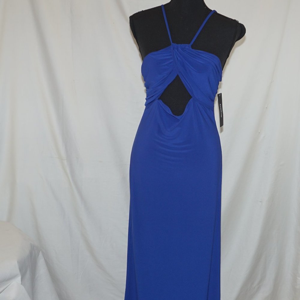 BEBE NWT Royal Blue Cutout Peephole Halter Strap Stretch Maxi Dress L